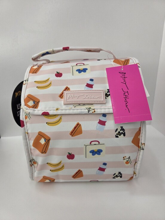 Betsey Johnson Handbags - 💕▪️Betsey Johnson ▪️Pink Striped Flap Top Lunch Bag with Fruit & Snack Print